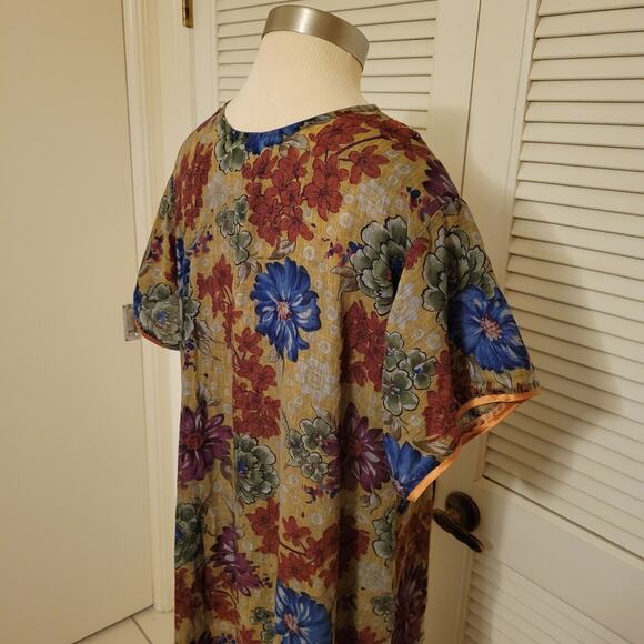 Vintage 80s Floral Cotton Nightgown Flow Dress Yoke Nightwear XL Green Sheer - Picture 3 of 7